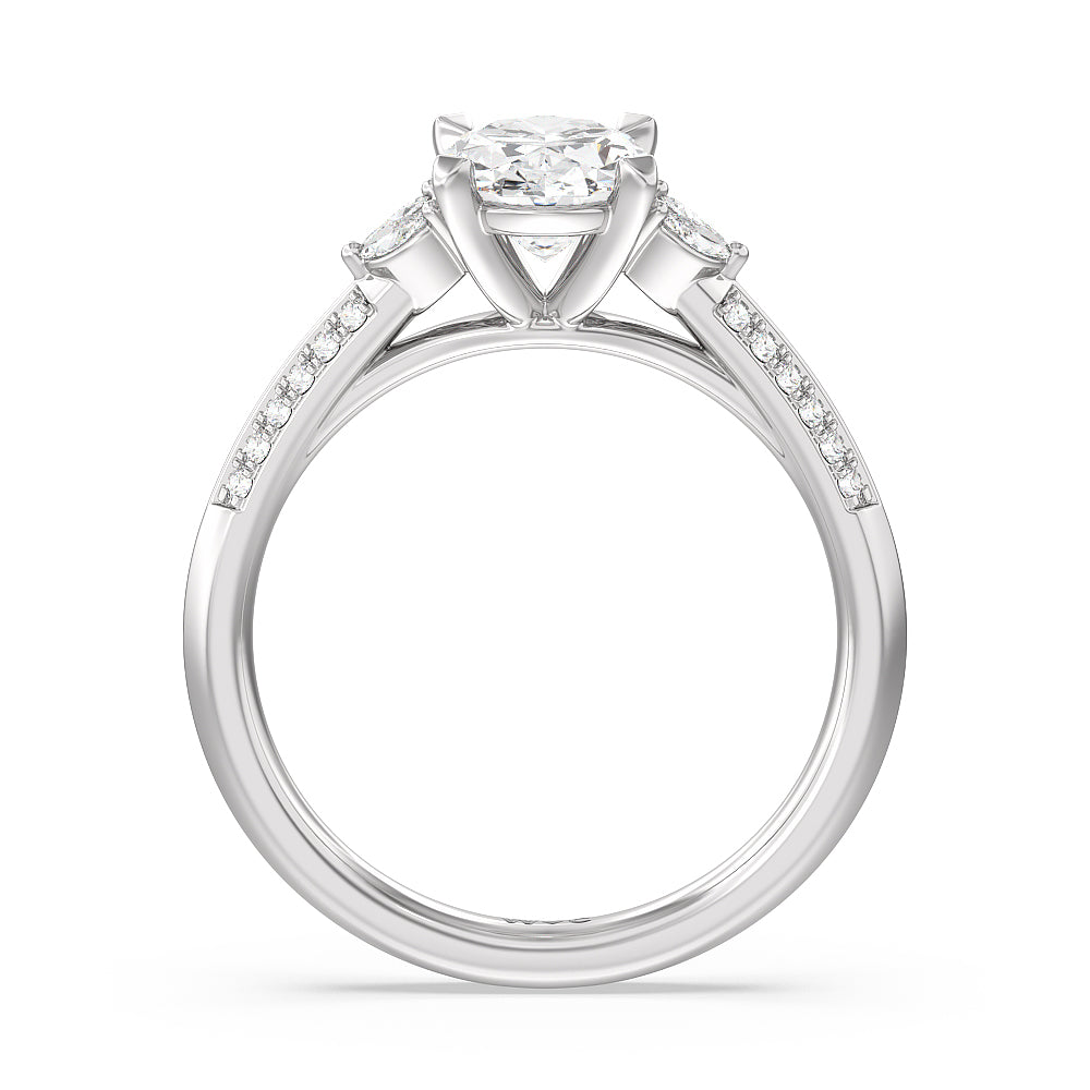 Knife Edge Pave & Side Stone Cathedral Diamond Engagement Ring with Oval Cut Diamond in 14KT Platinum view 2
