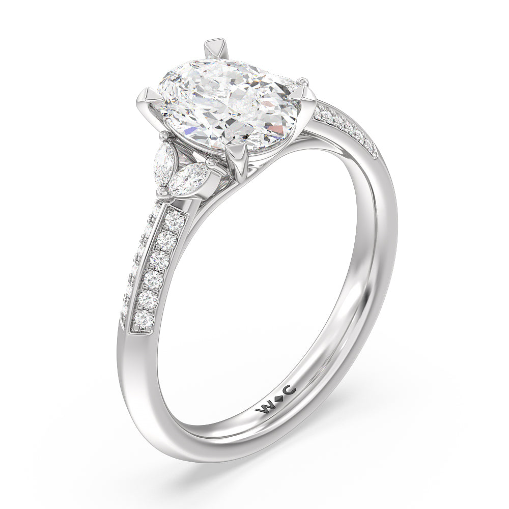 Knife Edge Pave & Side Stone Cathedral Diamond Engagement Ring with Oval Cut Diamond in 14KT Platinum view 3
