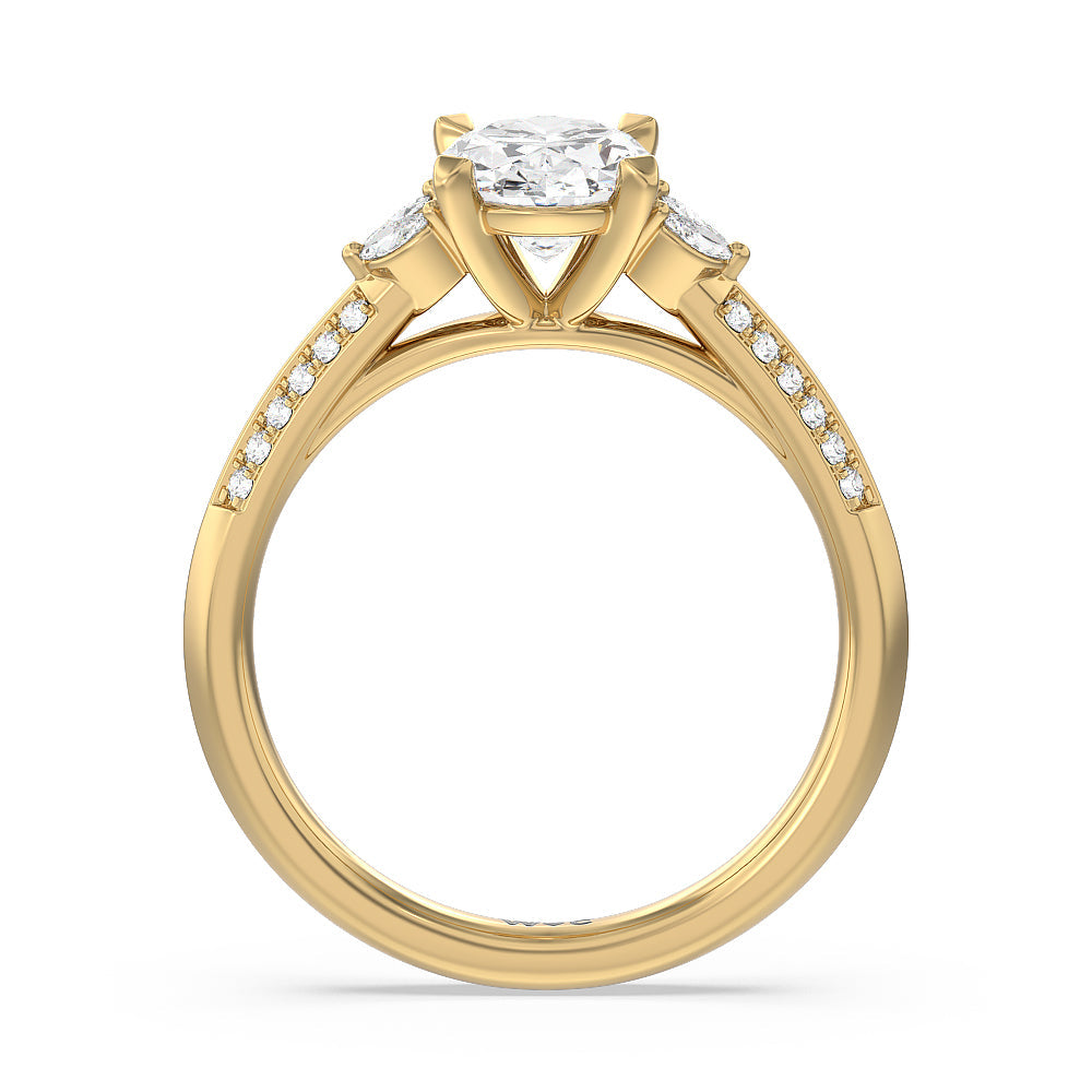 Knife Edge Pave & Side Stone Cathedral Diamond Engagement Ring with Oval Cut Diamond in 14KT Yellow Gold view 2

