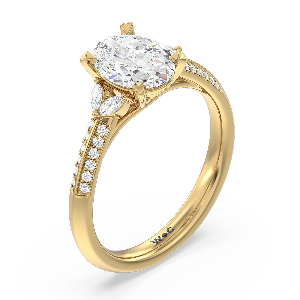 Knife Edge Pave & Side Stone Cathedral Diamond Engagement Ring with Oval Cut Diamond in 14KT Yellow Gold view 3
