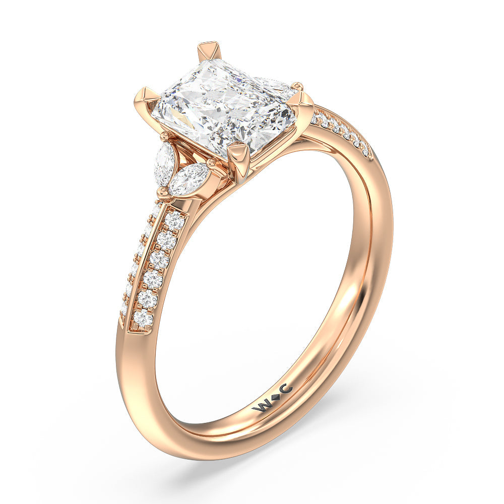 Knife Edge Pave & Side Stone Cathedral Diamond Engagement Ring with Radiant Cut Diamond in 14KT Rose Gold view 3
