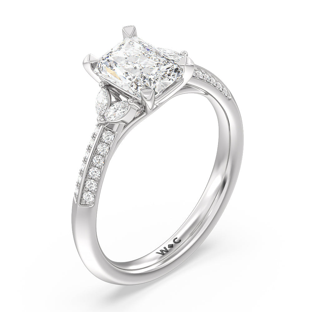 Knife Edge Pave & Side Stone Cathedral Diamond Engagement Ring with Radiant Cut Diamond in 14KT Platinum view 3
