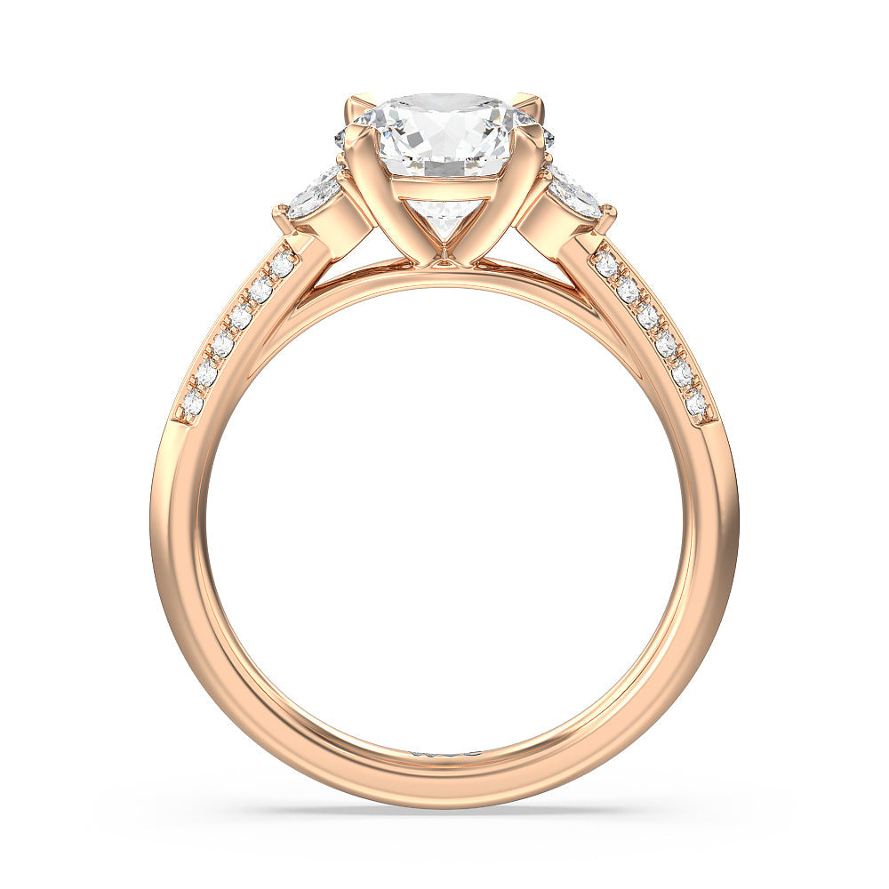 Knife Edge Pave & Side Stone Cathedral Diamond Engagement Ring with Round Cut Diamond in 14KT Rose Gold view 2
