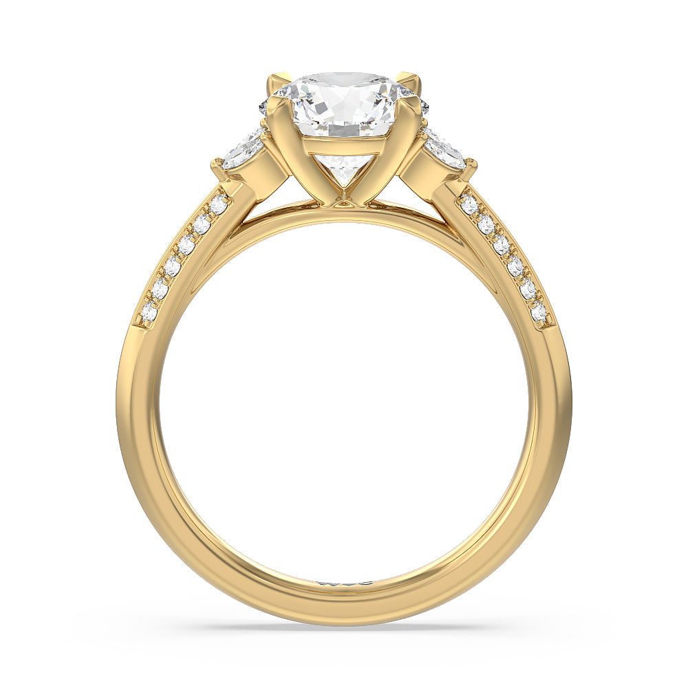 Knife Edge Pave & Side Stone Cathedral Diamond Engagement Ring with Round Cut Diamond in 14KT Yellow Gold view 2
