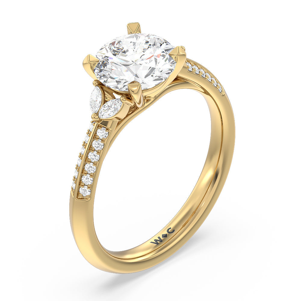 Knife Edge Pave & Side Stone Cathedral Diamond Engagement Ring with Round Cut Diamond in 14KT Yellow Gold view 3
