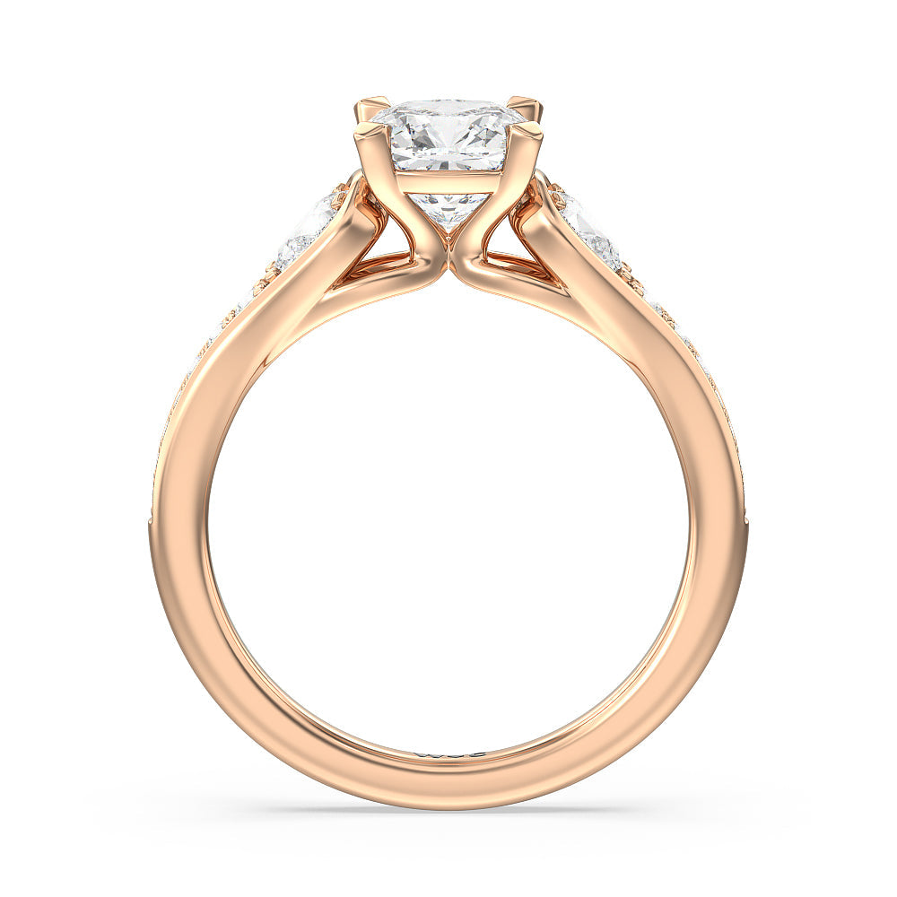 Three-Stone Pave Diamond Engagement Ring with Cushion Cut Diamond in 14KT Rose Gold view 2
