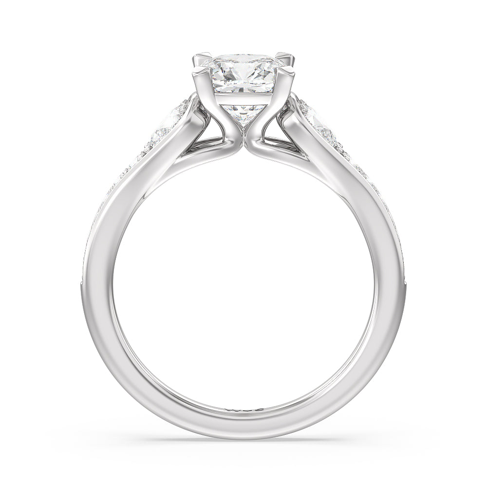 Three-Stone Pave Diamond Engagement Ring with Cushion Cut Diamond in 14KT Platinum view 2
