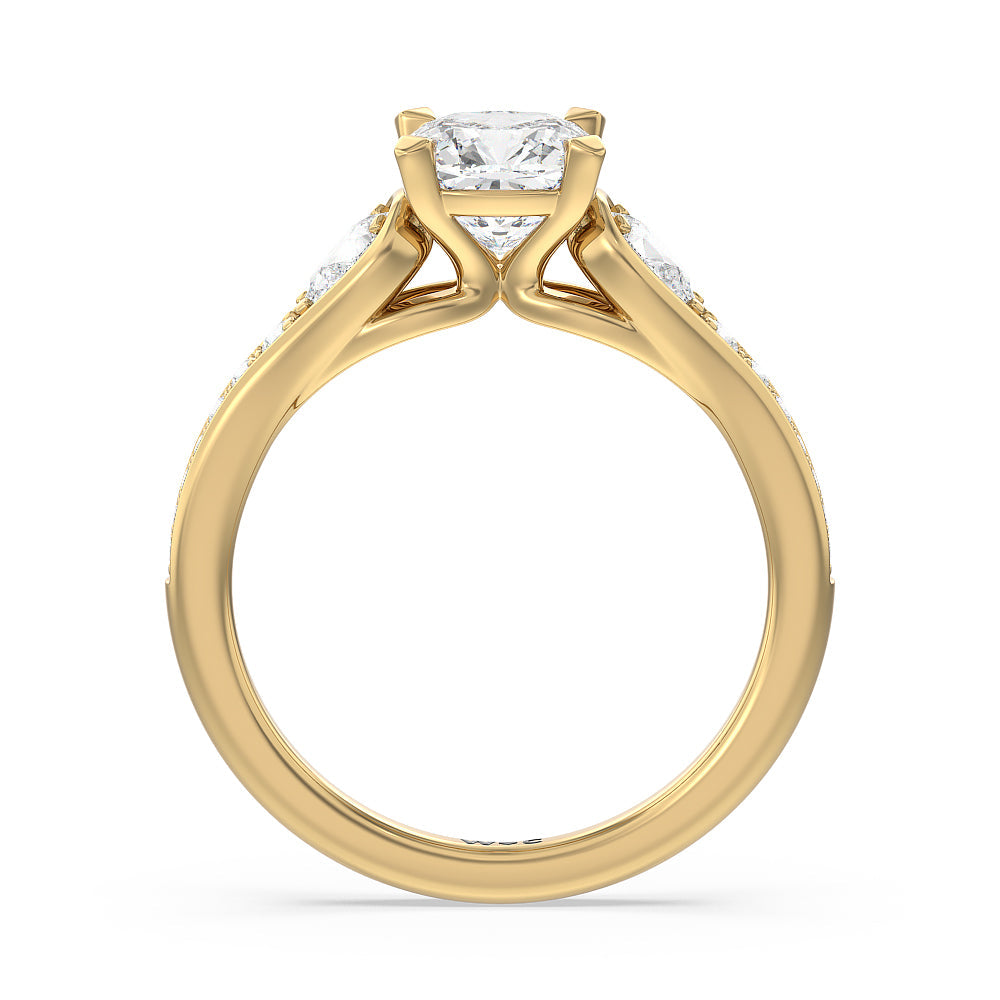 Three-Stone Pave Diamond Engagement Ring with Cushion Cut Diamond in 14KT Yellow Gold view 2
