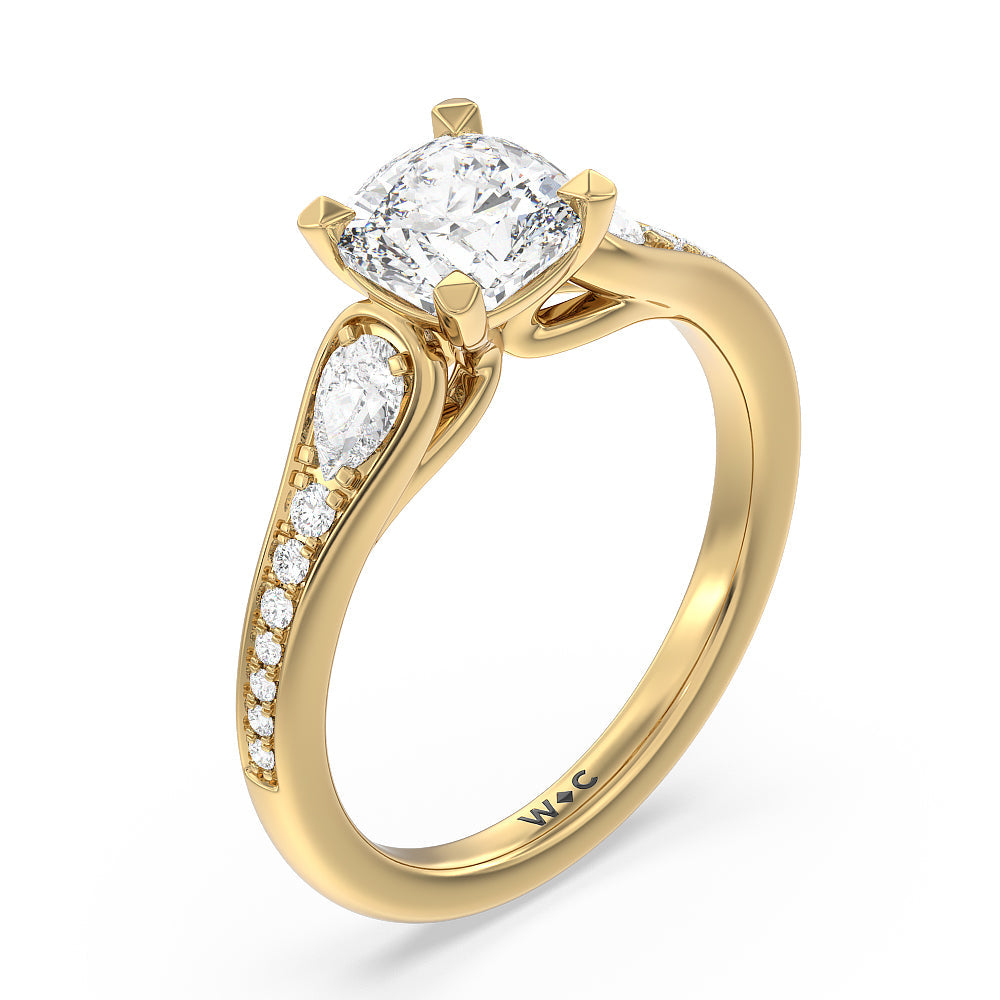 Three-Stone Pave Diamond Engagement Ring with Cushion Cut Diamond in 14KT Yellow Gold view 3
