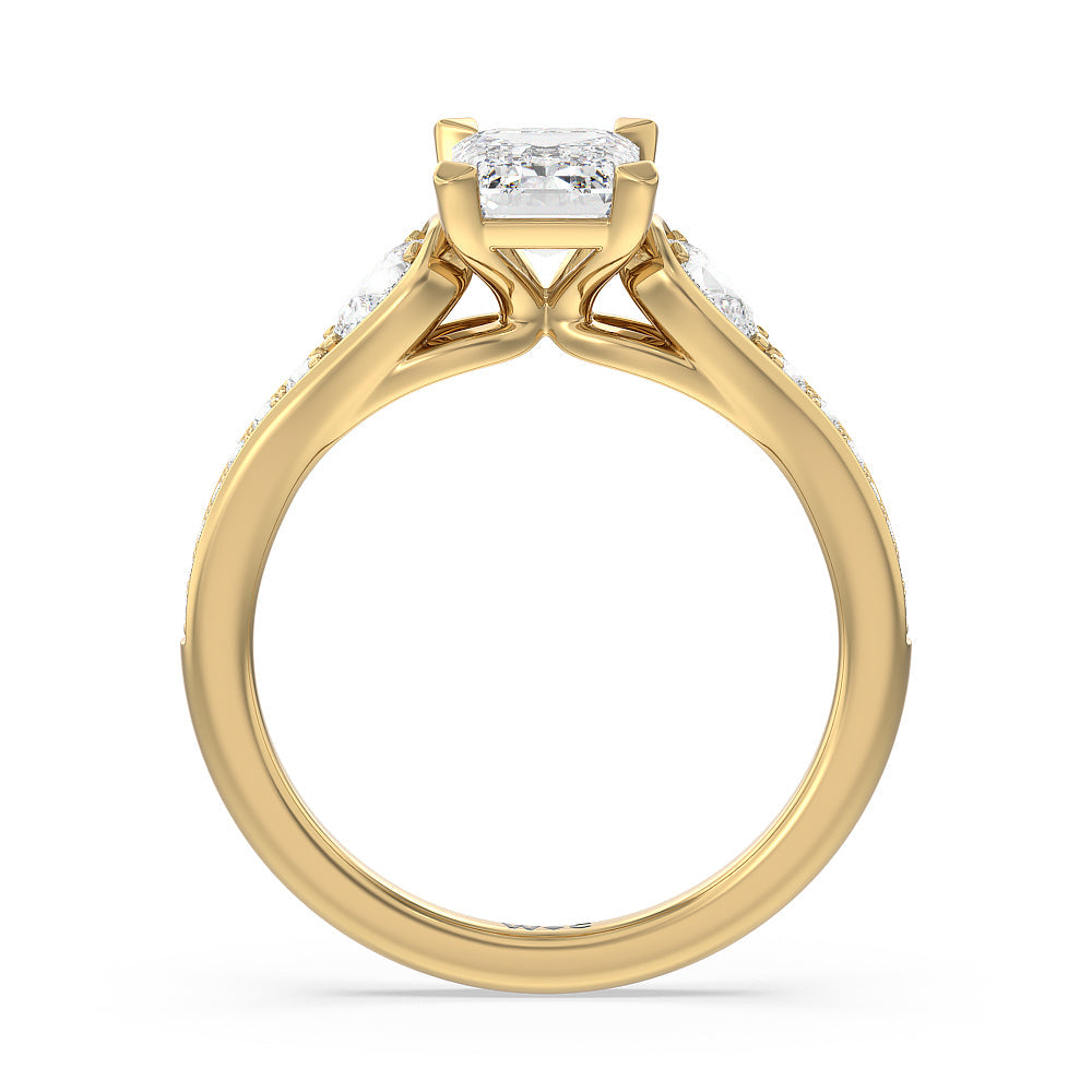 Three-Stone Pave Diamond Engagement Ring with Emerald Cut Diamond in 14KT Yellow Gold view 2
