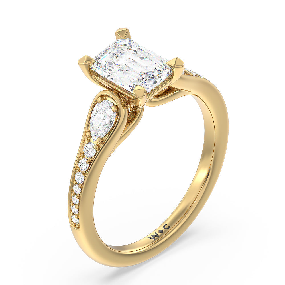 Three-Stone Pave Diamond Engagement Ring with Emerald Cut Diamond in 14KT Yellow Gold view 3
