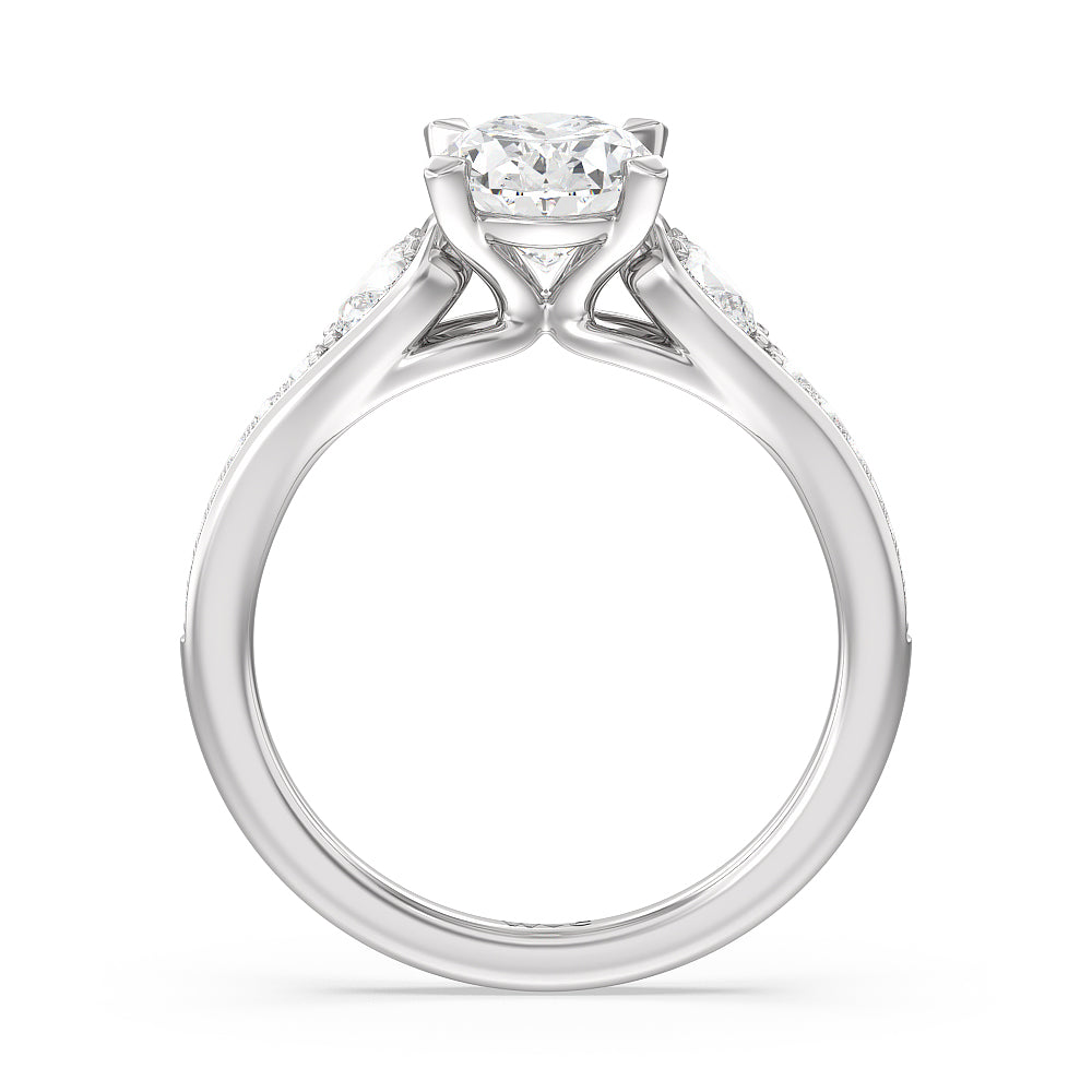 Three-Stone Pave Diamond Engagement Ring with Oval Cut Diamond in 14KT Platinum view 2
