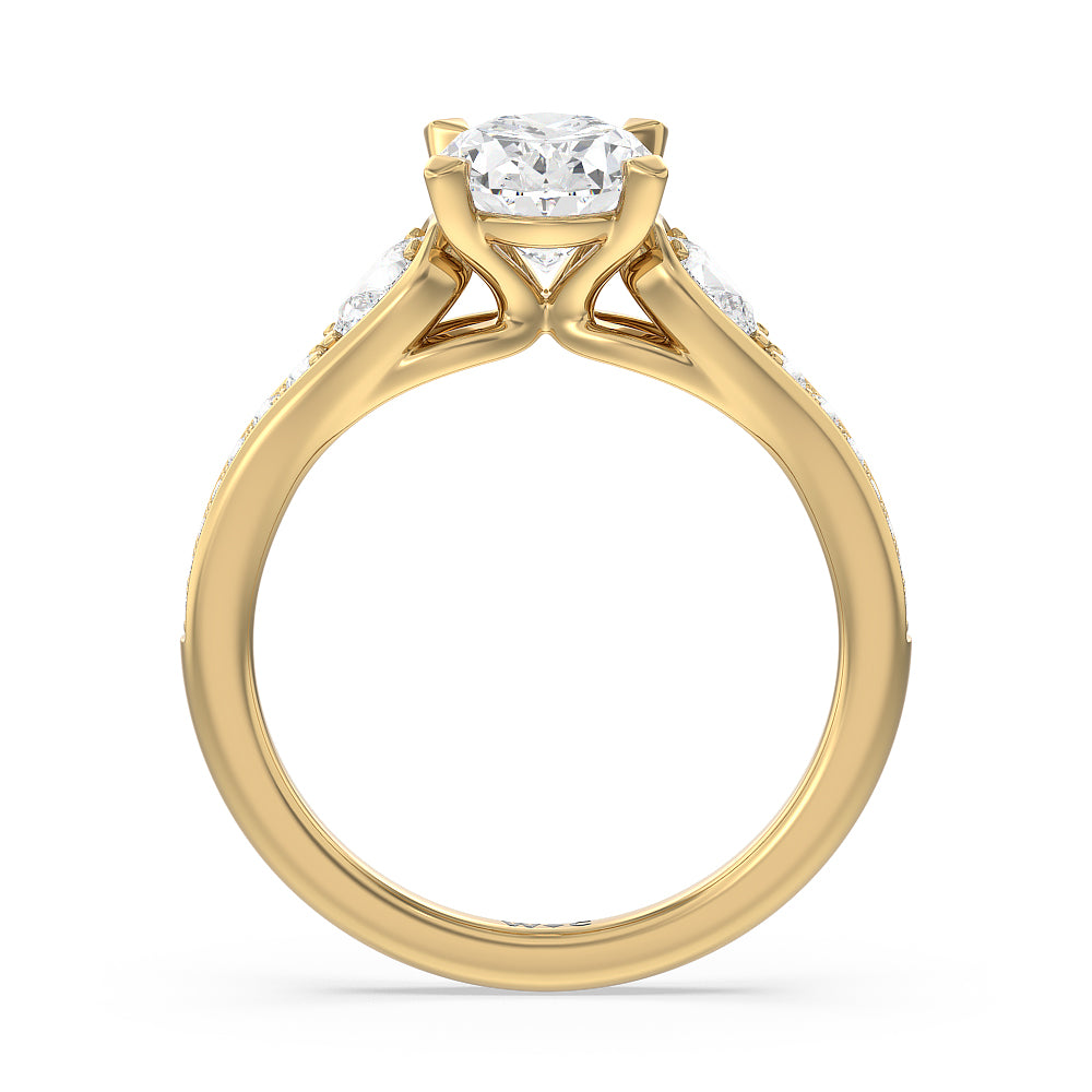 Three-Stone Pave Diamond Engagement Ring with Oval Cut Diamond in 14KT Yellow Gold view 2
