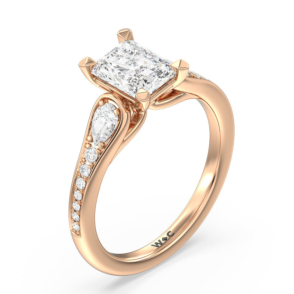 Three-Stone Pave Diamond Engagement Ring with Radiant Cut Diamond in 14KT Rose Gold view 3
