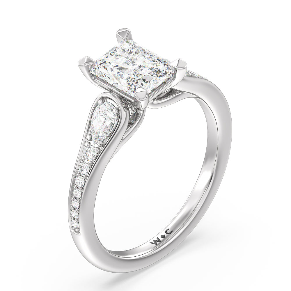 Three-Stone Pave Diamond Engagement Ring with Radiant Cut Diamond in 14KT Platinum view 3
