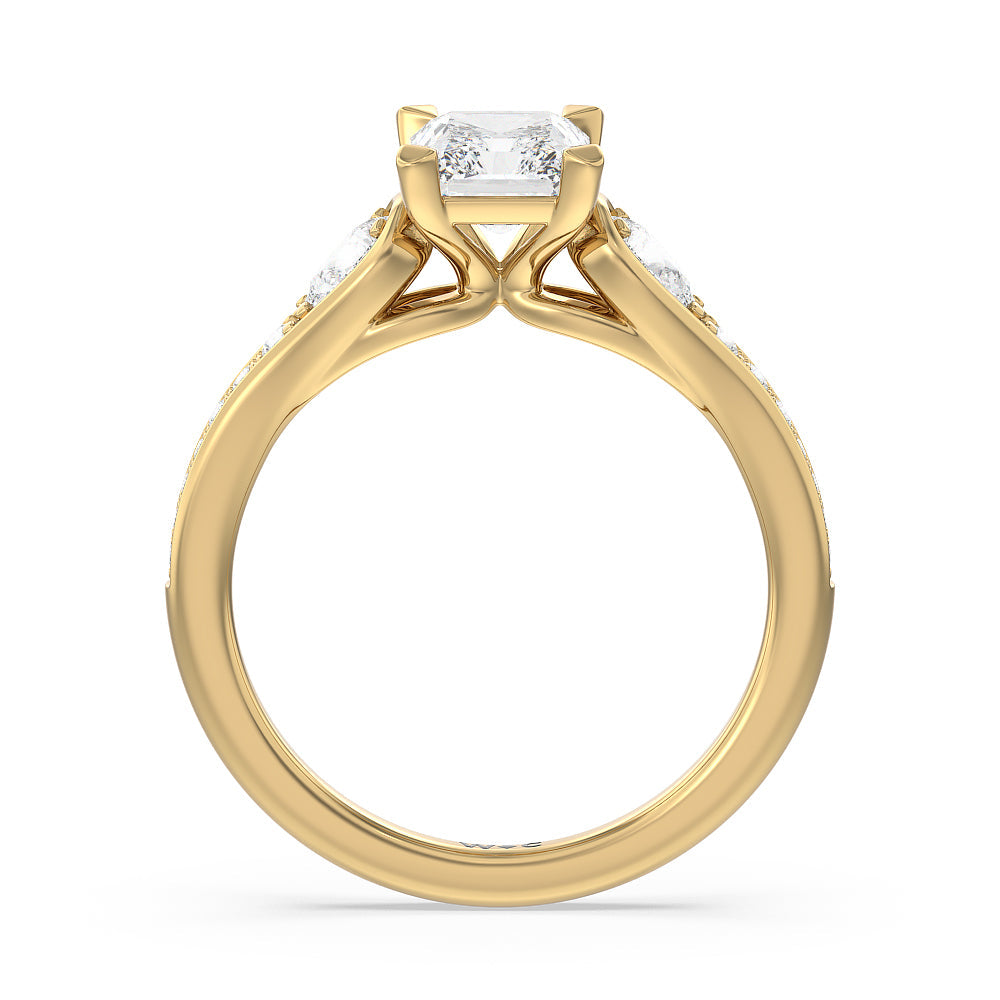 Three-Stone Pave Diamond Engagement Ring with Radiant Cut Diamond in 14KT Yellow Gold view 2
