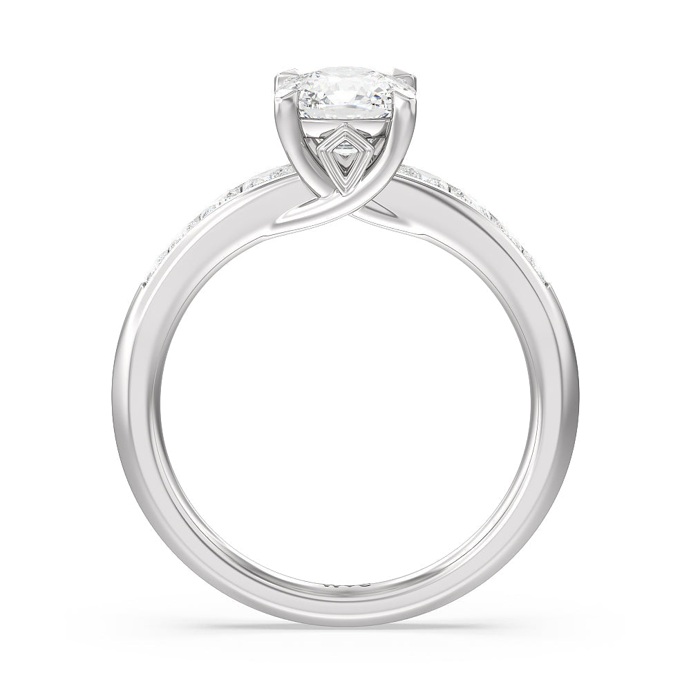 Classic Channel Set Princess Kite Basket Engagement Ring with Cushion Cut Diamond in 14KT Platinum view 2
