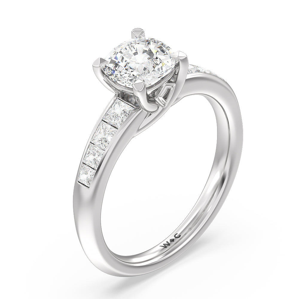 Classic Channel Set Princess Kite Basket Engagement Ring with Cushion Cut Diamond in 14KT Platinum view 3
