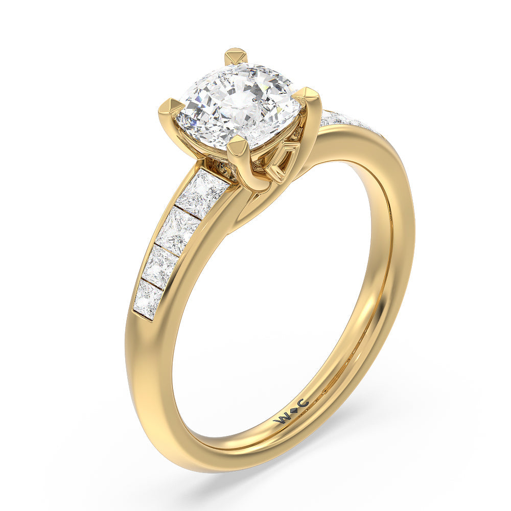 Classic Channel Set Princess Kite Basket Engagement Ring with Cushion Cut Diamond in 14KT Yellow Gold view 3
