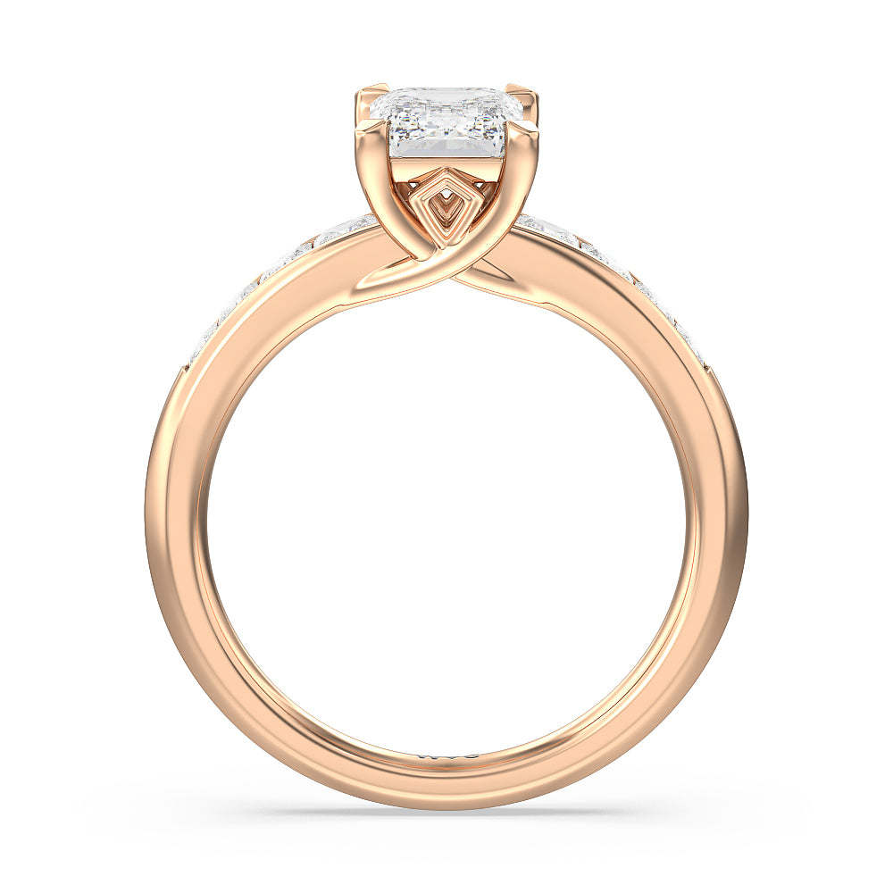 Classic Channel Set Princess Kite Basket Engagement Ring with Emerald Cut Diamond in 14KT Rose Gold view 2
