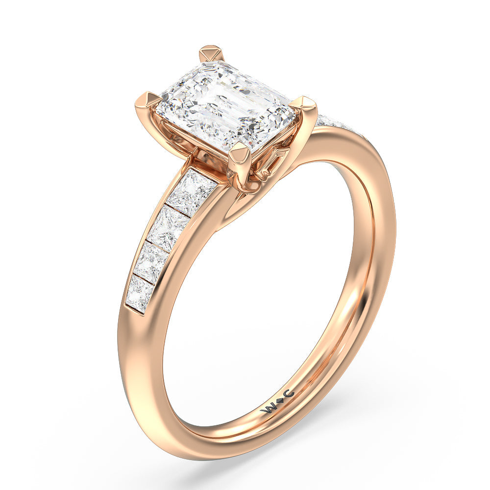 Classic Channel Set Princess Kite Basket Engagement Ring with Emerald Cut Diamond in 14KT Rose Gold view 3
