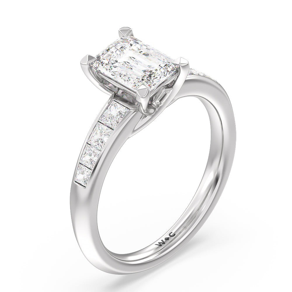 Classic Channel Set Princess Kite Basket Engagement Ring with Emerald Cut Diamond in 14KT Platinum view 3
