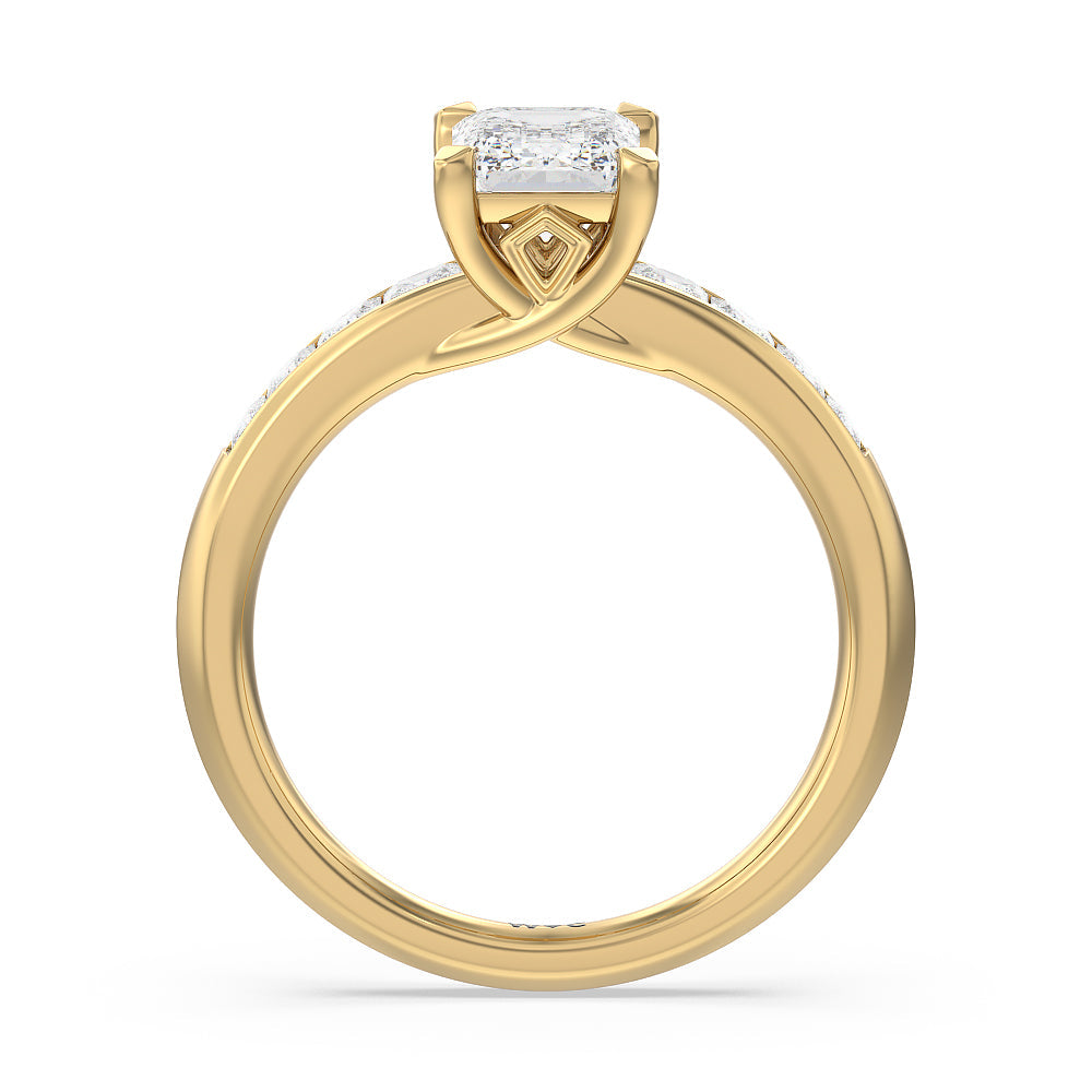 Classic Channel Set Princess Kite Basket Engagement Ring with Emerald Cut Diamond in 14KT Yellow Gold view 2
