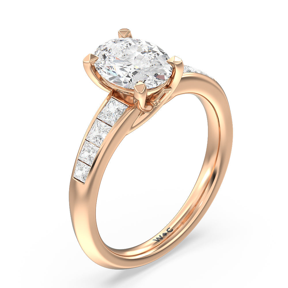 Classic Channel Set Princess Kite Basket Engagement Ring with Oval Cut Diamond in 14KT Rose Gold view 3
