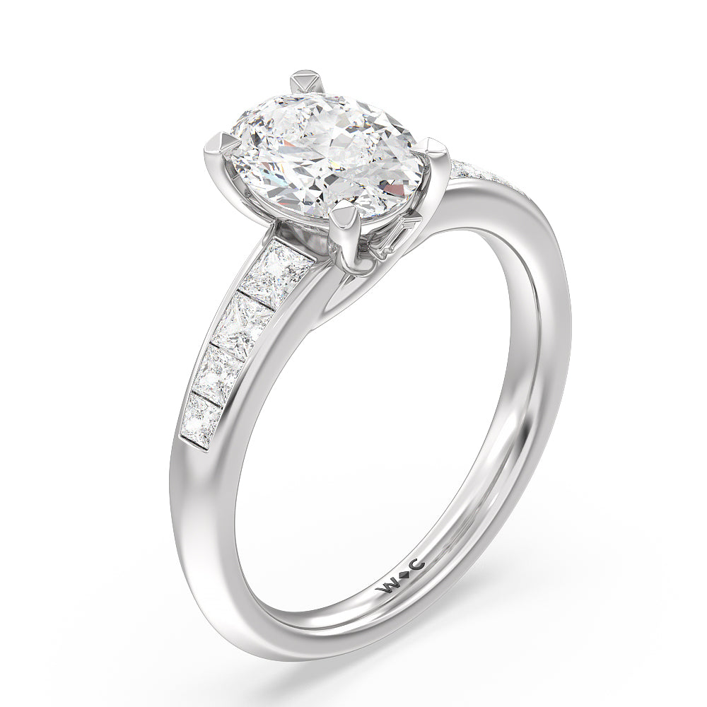 Classic Channel Set Princess Kite Basket Engagement Ring with Oval Cut Diamond in 14KT Platinum view 3
