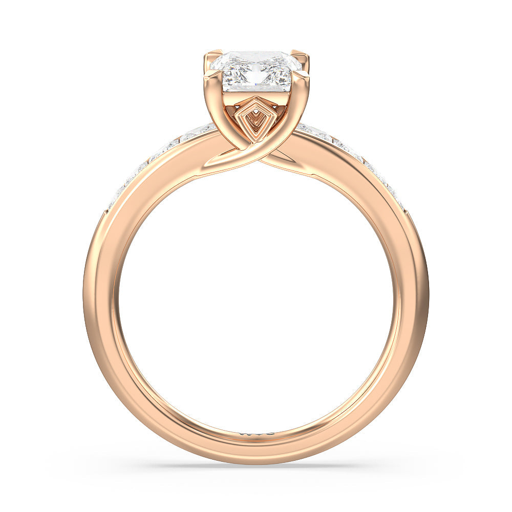 Classic Channel Set Princess Kite Basket Engagement Ring with Radiant Cut Diamond in 14KT Rose Gold view 2
