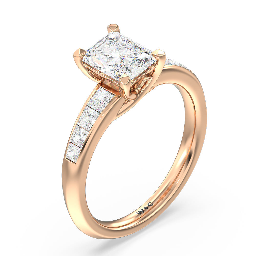 Classic Channel Set Princess Kite Basket Engagement Ring with Radiant Cut Diamond in 14KT Rose Gold view 3
