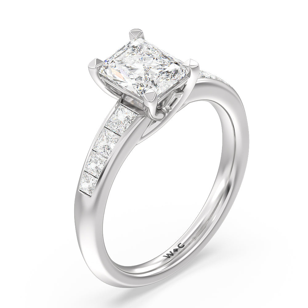 Classic Channel Set Princess Kite Basket Engagement Ring with Radiant Cut Diamond in 14KT Platinum view 3
