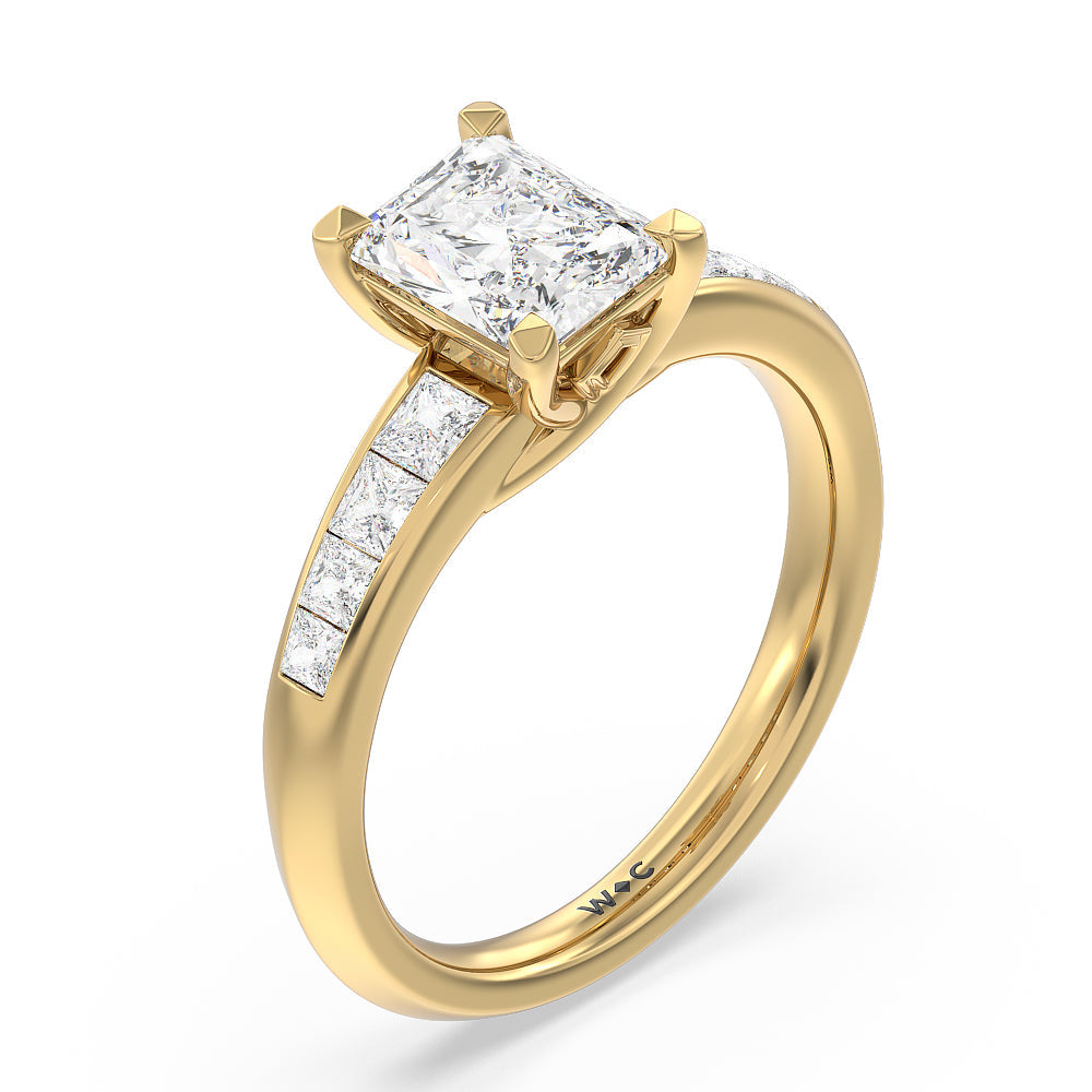 Classic Channel Set Princess Kite Basket Engagement Ring with Radiant Cut Diamond in 14KT Yellow Gold view 3
