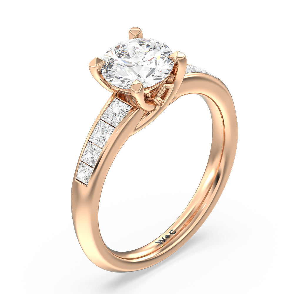 Classic Channel Set Princess Kite Basket Engagement Ring with Round Cut Diamond in 14KT Rose Gold view 3

