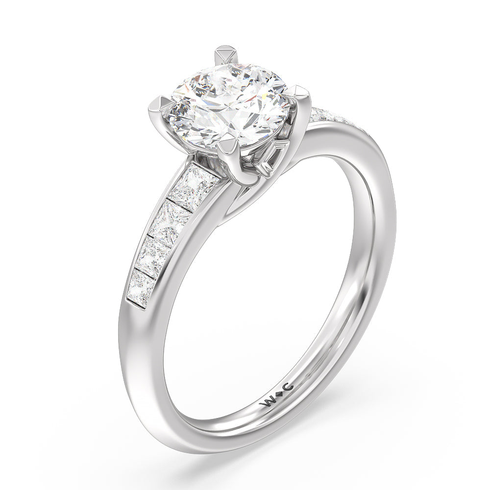 Classic Channel Set Princess Kite Basket Engagement Ring with Round Cut Diamond in 14KT Platinum view 3
