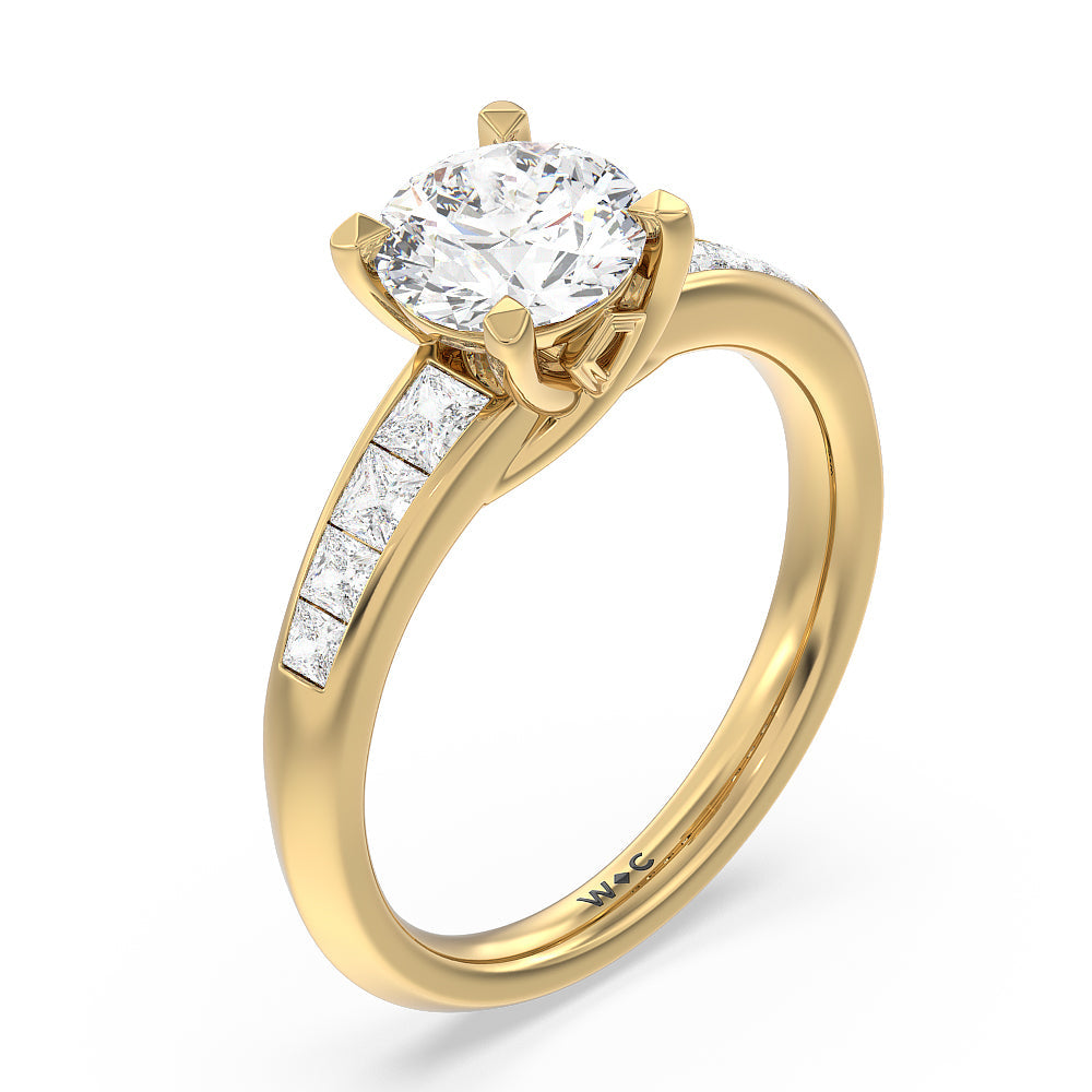 Classic Channel Set Princess Kite Basket Engagement Ring with Round Cut Diamond in 14KT Yellow Gold view 3
