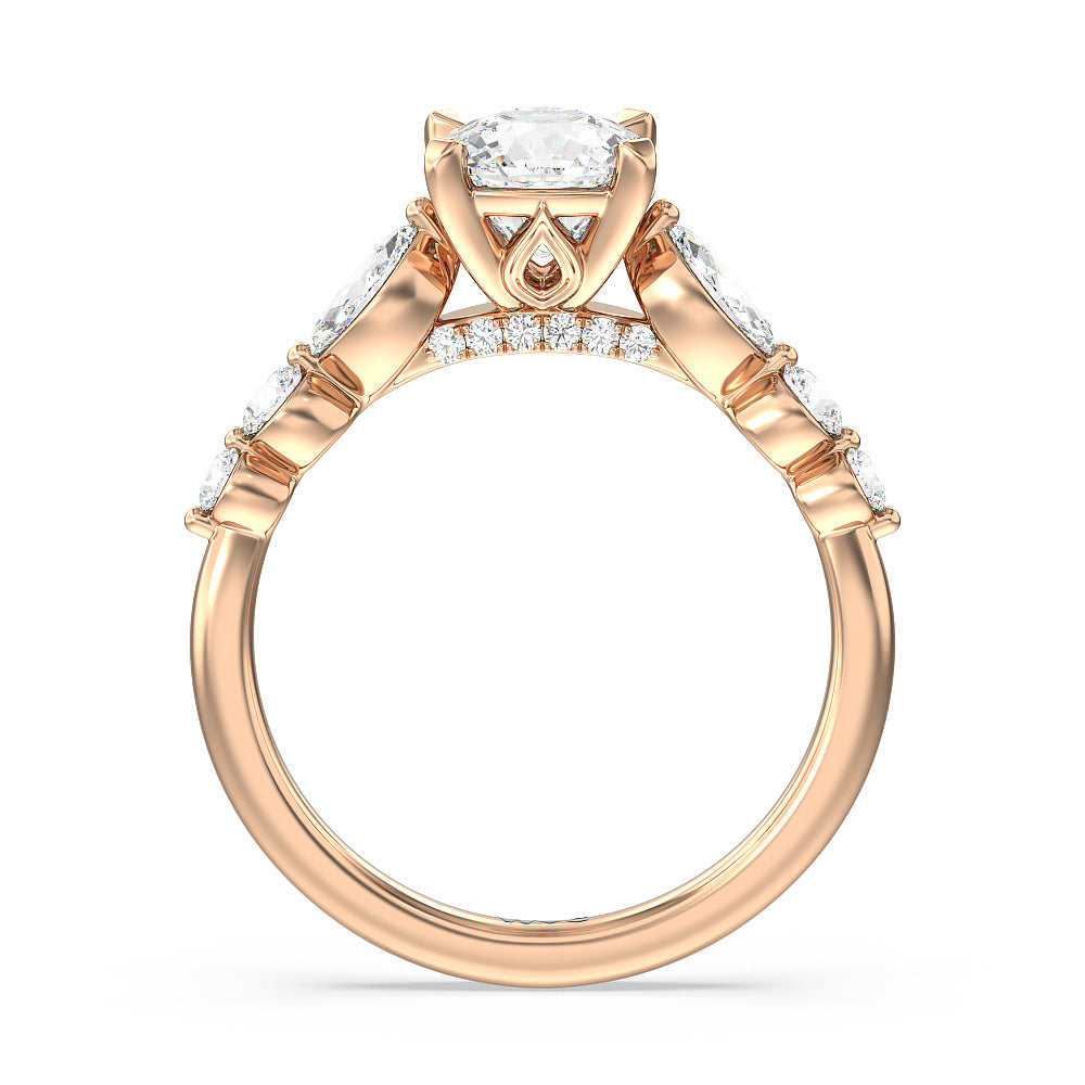 Cushion Cut Glamorous Fancy Side Stones Cathedral Engagement Ring with Lab Grown Diamond in 14KT Rose Gold view 2
