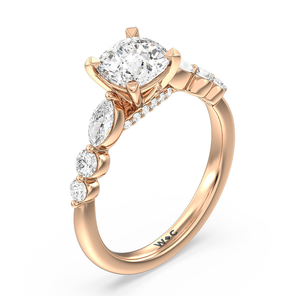 Cushion Cut Glamorous Fancy Side Stones Cathedral Engagement Ring with Lab Grown Diamond in 14KT Rose Gold view 3
