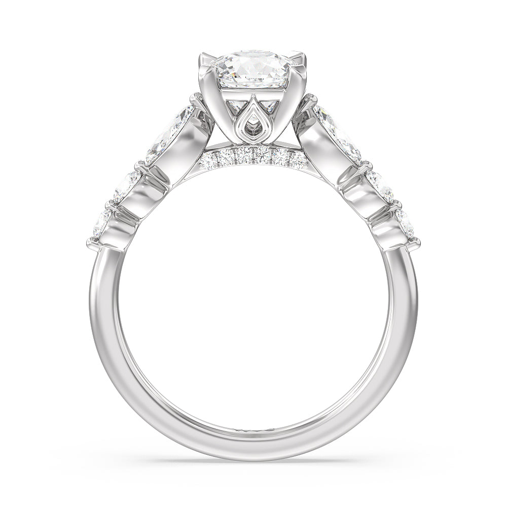 Cushion Cut Glamorous Fancy Side Stones Cathedral Engagement Ring with Lab Grown Diamond in 14KT Platinum view 2
