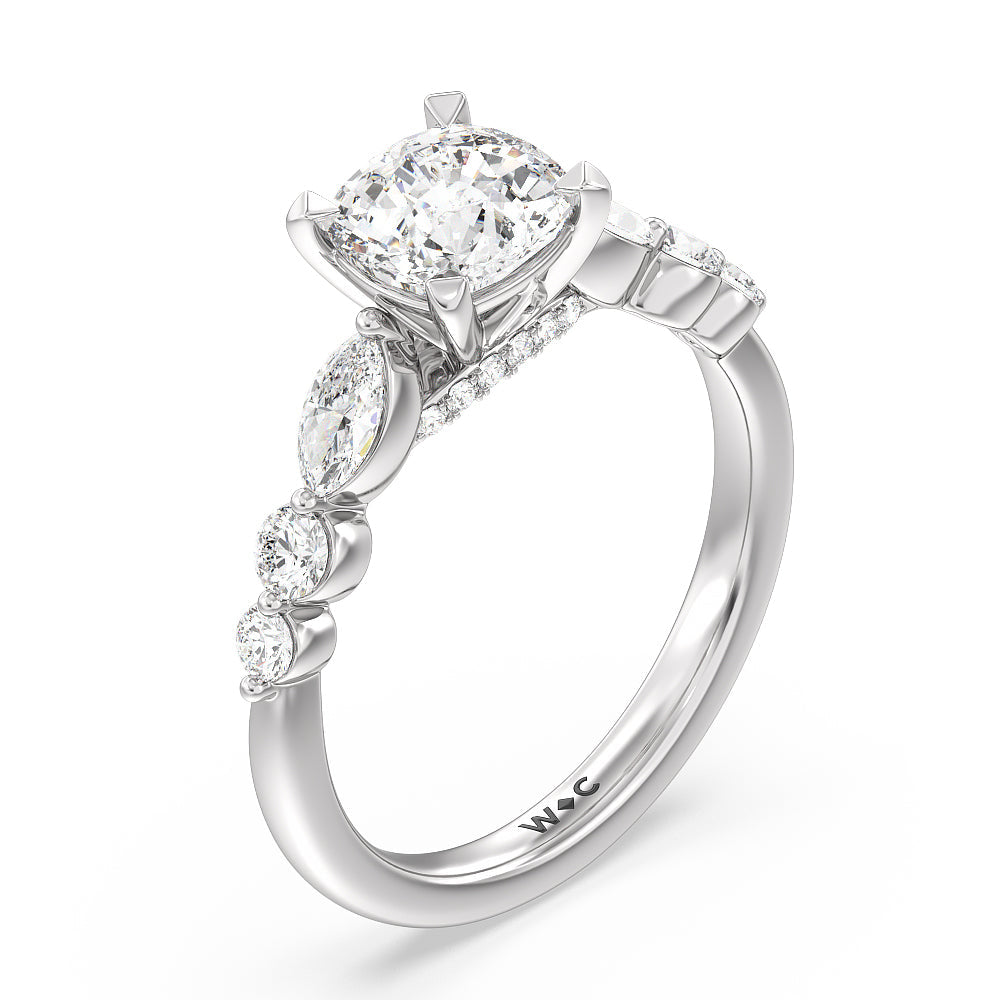Cushion Cut Glamorous Fancy Side Stones Cathedral Engagement Ring with Lab Grown Diamond in 14KT Platinum view 3
