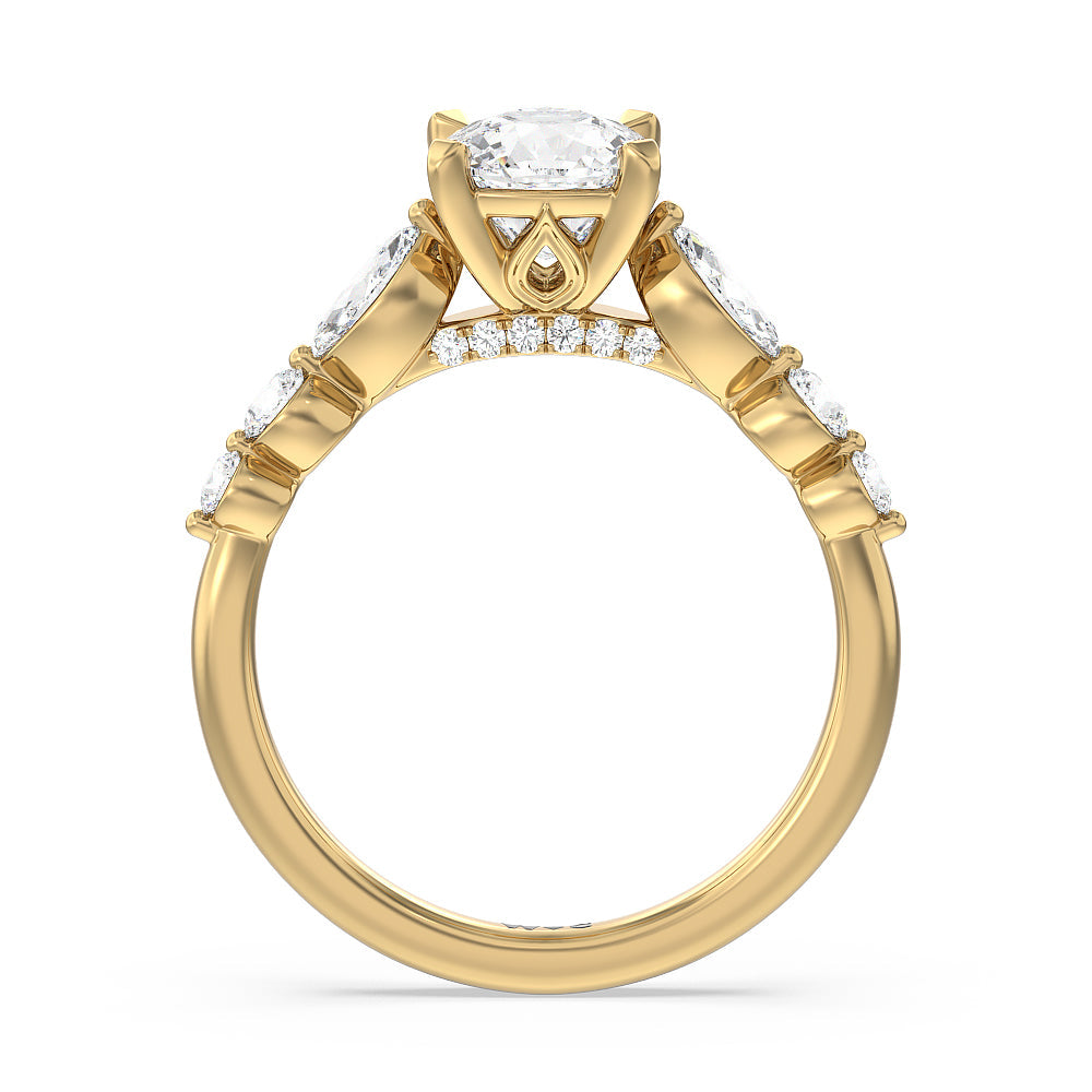 Cushion Cut Glamorous Fancy Side Stones Cathedral Engagement Ring with Lab Grown Diamond in 14KT Yellow Gold view 2
