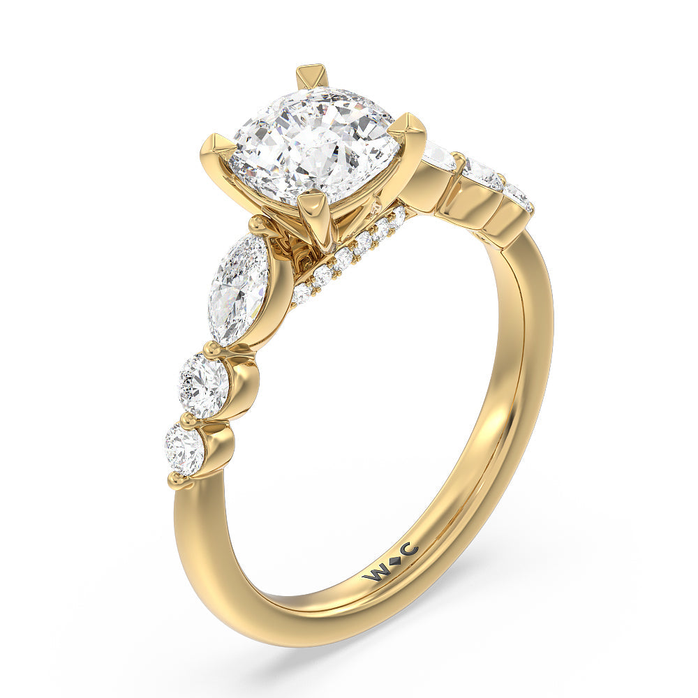 Cushion Cut Glamorous Fancy Side Stones Cathedral Engagement Ring with Lab Grown Diamond in 14KT Yellow Gold view 3
