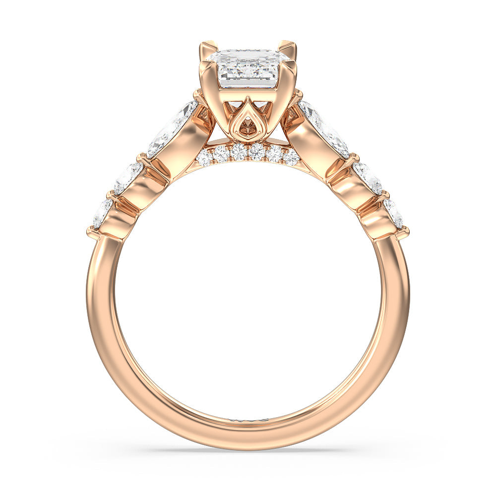 Emerald Cut Glamorous Fancy Side Stones Cathedral Engagement Ring with Lab Grown Diamond in 14KT Rose Gold view 2
