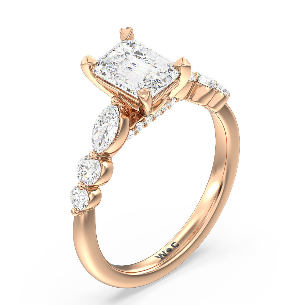 Emerald Cut Glamorous Fancy Side Stones Cathedral Engagement Ring with Lab Grown Diamond in 14KT Rose Gold view 3
