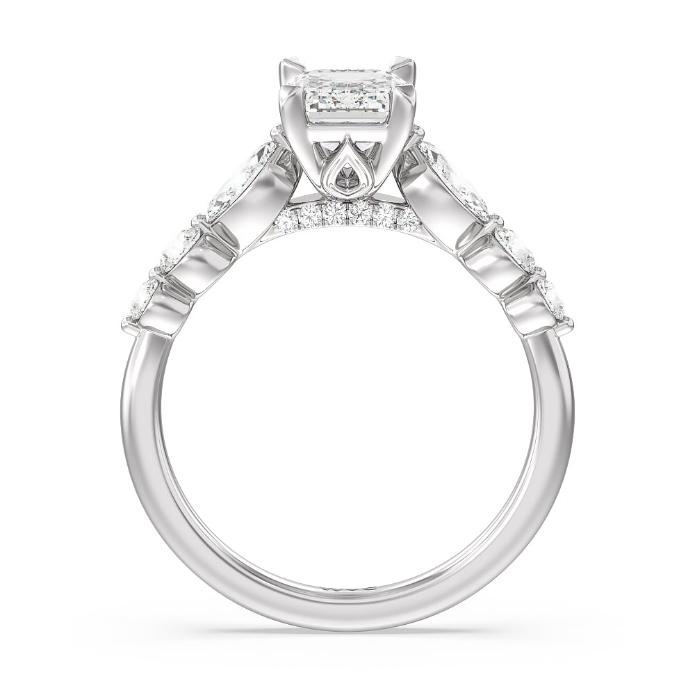 Emerald Cut Glamorous Fancy Side Stones Cathedral Engagement Ring with Lab Grown Diamond in 14KT Platinum view 2
