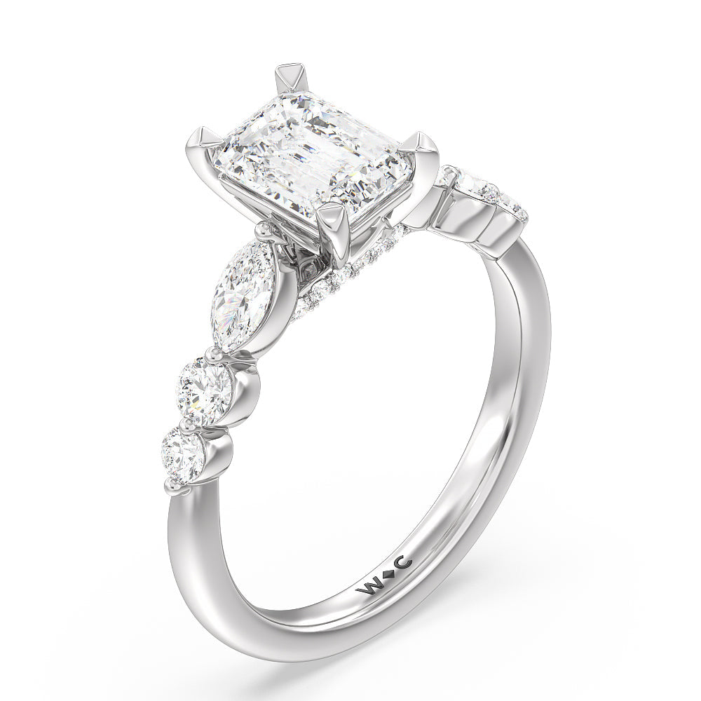 Emerald Cut Glamorous Fancy Side Stones Cathedral Engagement Ring with Lab Grown Diamond in 14KT Platinum view 3
