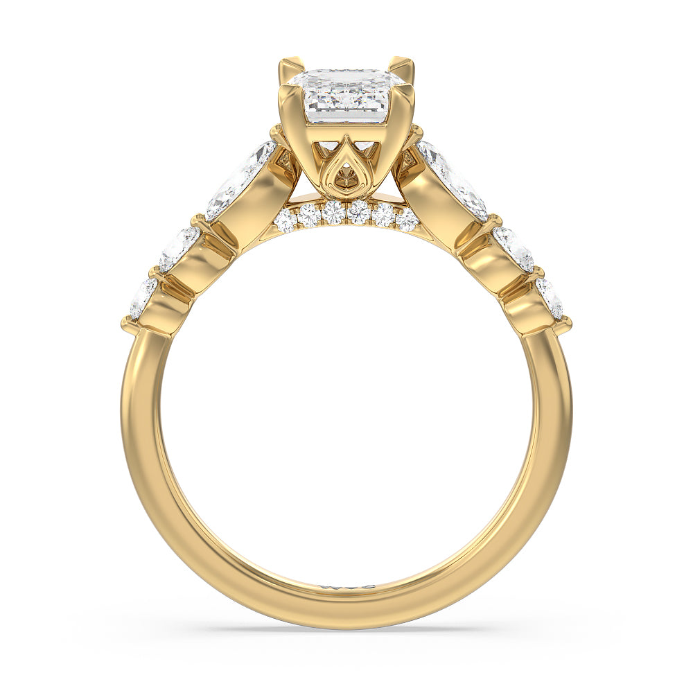 Emerald Cut Glamorous Fancy Side Stones Cathedral Engagement Ring with Lab Grown Diamond in 14KT Yellow Gold view 2
