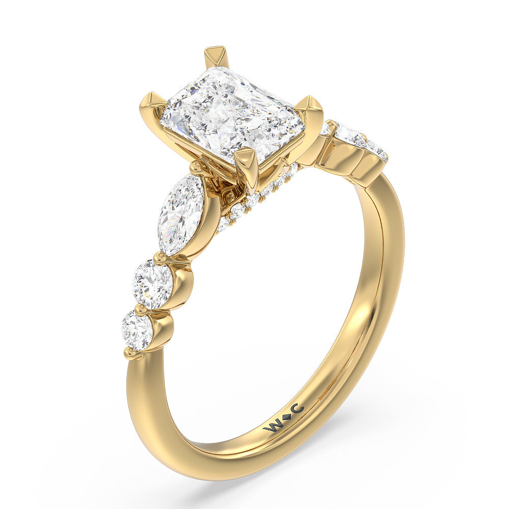Radiant Cut Glamorous Fancy Side Stones Cathedral Engagement Ring with Lab Grown Diamond in 14KT Yellow Gold view 3
