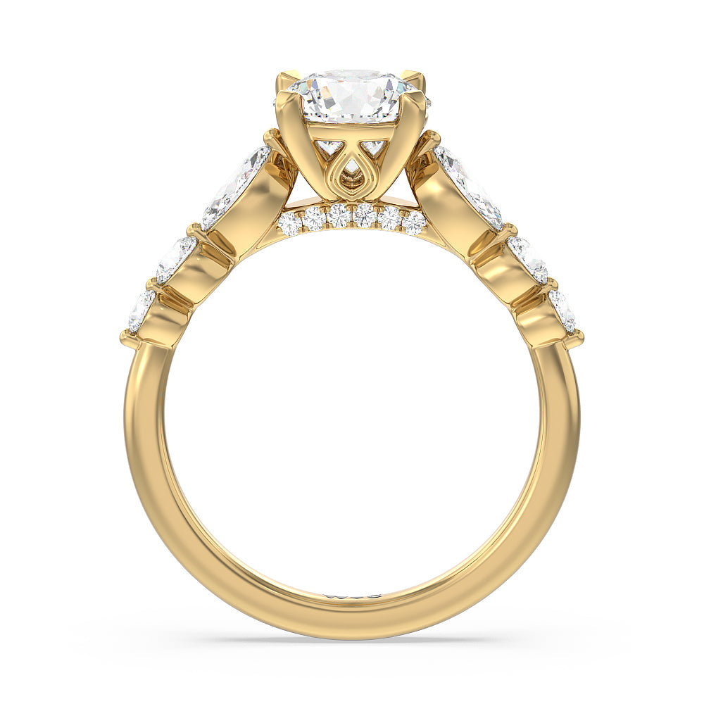Round Cut Glamorous Fancy Side Stones Cathedral Engagement Ring with Lab Grown Diamond in 14KT Yellow Gold view 2
