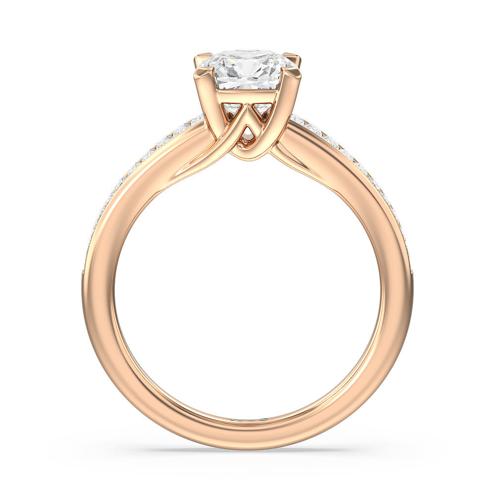 Elegant Channel Set Baguette Engagement Ring with Cushion Cut Diamond in 14KT Rose Gold view 2
